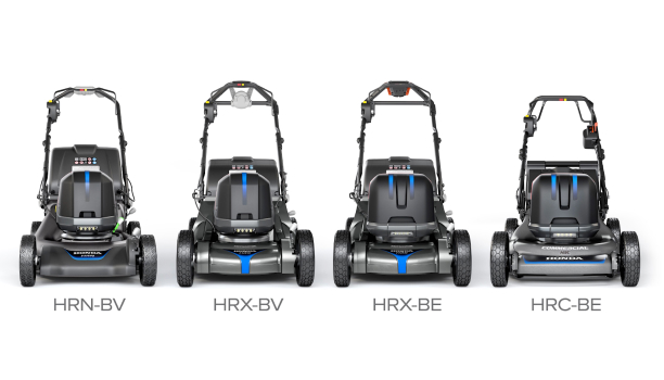 A lineup of Honda battery-powered lawn mowers against a green lawn. 