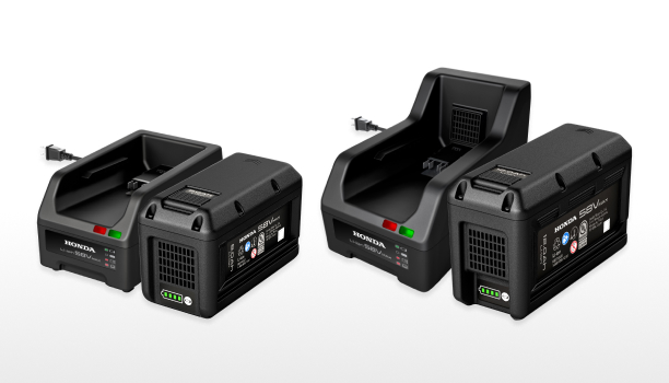 New Standard Charger, 12Ah Battery, Rapid Charger, and 8Ah battery lined up on a white studio background.