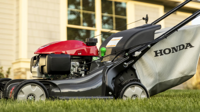 Closeup side view of lawn mower on lawn in front of residential house.