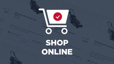 White shopping cart icon with red circle and white tick in the middle. Text under icon: Shop Online